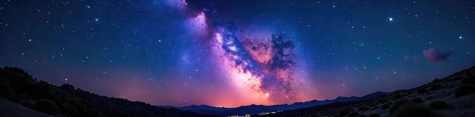 Naklejka premium A vibrant summer night sky filled with countless twinkling stars, the Milky Way stretching across the scene Perfect for travel, astronomy, and summer themes , night, deep space, stars