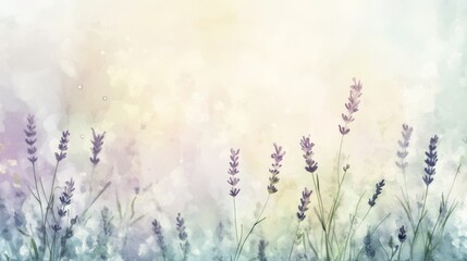 78.A serene watercolor painting of lavender sprigs, depicted in soft purples and greens, with a dreamy, blurred background and light splashes of paint to create a tranquil, artistic effect.