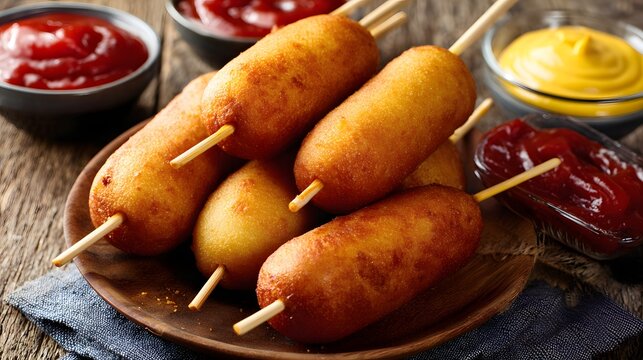Corn dogs with golden batter on a stick and ketchup mustard dips - Powered by Adobe