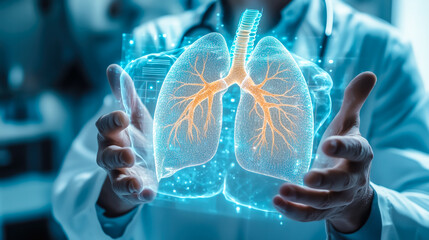 A doctor carefully examines a virtual lung x-ray projection with focused attention. The integration of advanced technology in medical diagnostics. Generative AI.