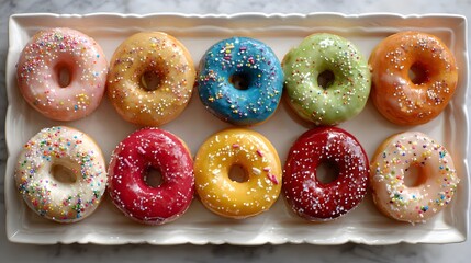 Glazed donuts arranged on a tray with colorful icing and sprinkles