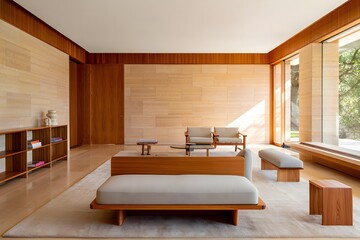 Modern Living Room Minimalist Sandstone Mid-Century Modern Swedish Style Sunny Weather Vibrant Accents Crisp Details Radiant Lighting Elegant Design Luxurious Ambiance (AI-Generated)