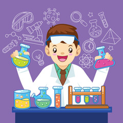 Cute kawaii scientist in laboratory cartoon vector illustration