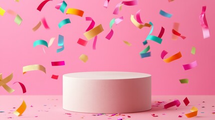 36.A soft pink background with a clean and simple circular podium at the center, decorated with colorful confetti ribbons scattered around the base, designed to highlight and showcase a product.