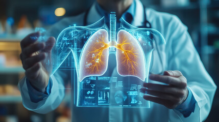A doctor carefully examines a virtual lung x-ray projection with focused attention. The integration of advanced technology in medical diagnostics. Generative AI.