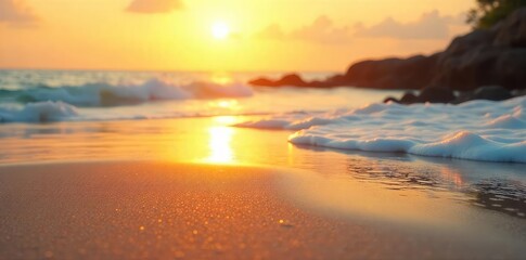 Golden hour sunlight warms smooth beach sand, inviting relaxation  Perfect summer vibes, ideal for travel and vacation imagery  A serene and tranquil scene , rest, bright, tropical