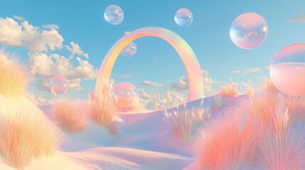 51.A surreal 3D-rendered landscape featuring soft pastel-colored grass dunes with a vibrant rainbow gradient, large floating pastel balls in the sky, and an elegant arch structure casting a soft