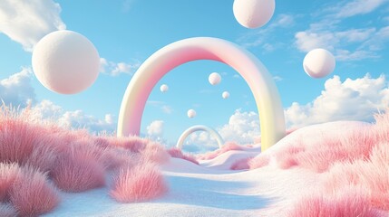 51.A surreal 3D-rendered landscape featuring soft pastel-colored grass dunes with a vibrant rainbow gradient, large floating pastel balls in the sky, and an elegant arch structure casting a soft