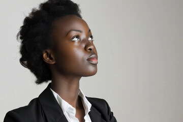 close up horizontal portrait of a young black businesswoman looking upwards in front of a blank background, copy space