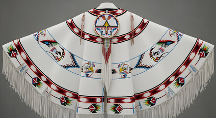 Intricately Beaded Native American Ceremonial Shawl with Fringe