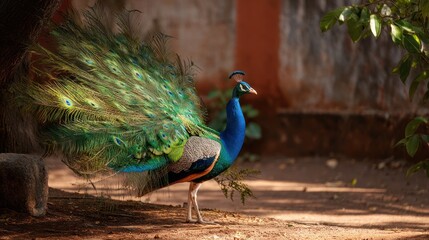 Peacock in garden displays vibrant plumage