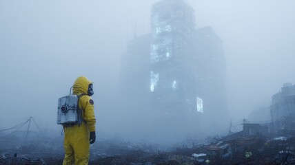 Fototapeta premium Survivor in reinforced hazmat suit examines AI surveillance hub in toxic fog environment