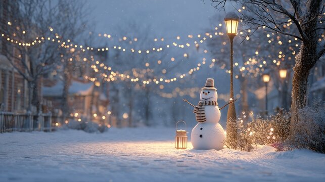 Snowman standing on snowy street under festive lights near glowing lamp post winter evening holiday celebration atmosphere in city background