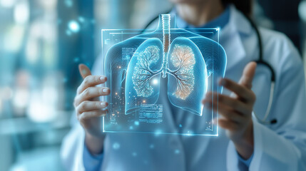 A doctor carefully examines a virtual lung x-ray projection with focused attention. The integration of advanced technology in medical diagnostics. Generative AI.