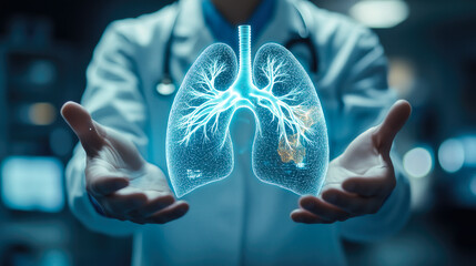 A doctor carefully examines a virtual lung x-ray projection with focused attention. The integration of advanced technology in medical diagnostics. Generative AI.