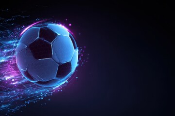 Fototapeta premium futuristic sports banner with soccer ball on neon background with space for text. Generative Ai 