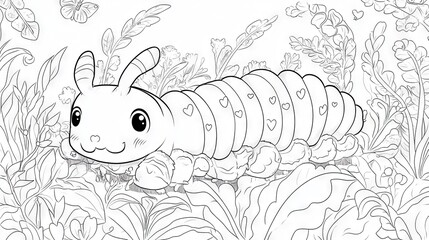 90.A whimsical illustration of a kawaii caterpillar with a curvy body, expressive eyes, and heart-shaped patterns on its back, crawling amidst outlined plants, flowers, and butterflies, ideal for a