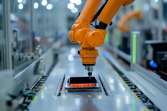 Orange robotic arm working on a black screen device on a conveyor belt in a factory setting - Powered by Adobe