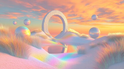 52.An abstract 3D scene of a surreal pastel landscape with undulating rainbow-colored grass dunes, multiple floating spheres in soft hues, and a majestic archway illuminated by a golden sunset,