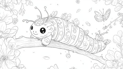 57.An adorable caterpillar character in a kawaii style, with tiny antennae, a segmented body, and whimsical patterns on its back, crawling on a branch surrounded by flowers and butterflies, created