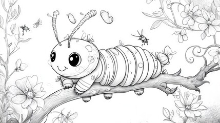 88.An adorable kawaii-style caterpillar featuring a striped segmented body, small curved antennae, and a joyful face, resting on a branch with decorative swirls, flowers, and insects, designed as a