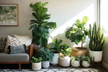 Indoor living room filled with various plants like monstera, fiddle leaf fig, and snake plant in ceramic pots 