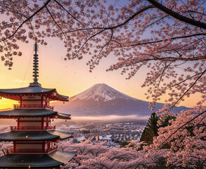 Fototapeta premium Scenic view of Chureito Pagoda and Mount Fuji framed by blooming cherry blossoms at dawn.