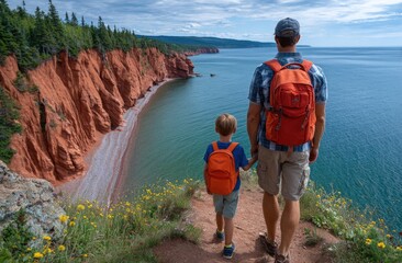 A family hiking along the rugged cliffs wrapping around National Park, overlooking calm blue waters with green grass and wildflowers in the foreground