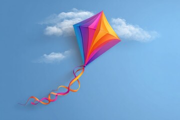 Kite vector with colorful diamond shape and flowing tail with copy space. Bright flat lighting. 
