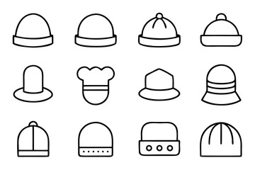 Fototapeta premium Collection of twelve different winter hats and headwear icons isolated on transparent background