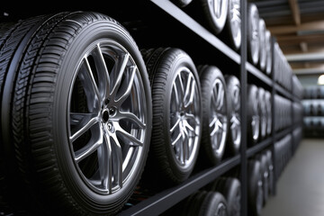 close up of new car tires on storage rack