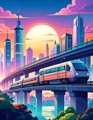 Modern city train passing over elevated tracks