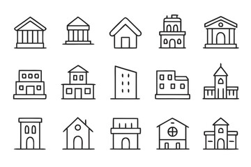 Fototapeta premium Collection of simple line art building icons representing different architectural styles isolated on transparent background