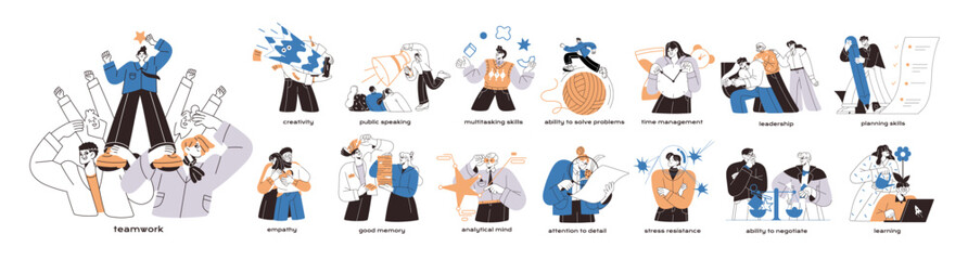 Soft skills concept set. Different abilities for employees: communication, teamwork, time management, multitasking. Competences for business. Flat isolated vector illustrations on white background