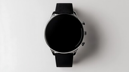 A close up of a black smartwatch with a leather band on a white surface showing the watch face only