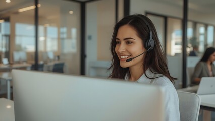 Happy female customer care representative smiling in office