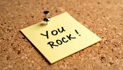 Yellow sticky note with the words "You Rock!" pinned to a cork board