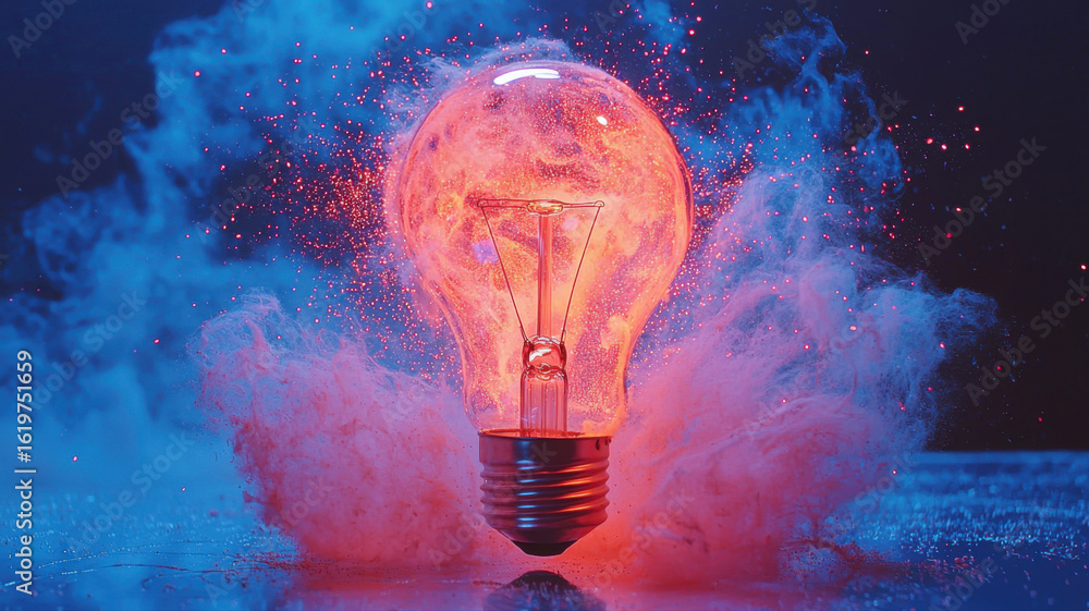 Poster dynamic lightbulb explosion representing idea and innovation lightbulb idea innovation explosion red