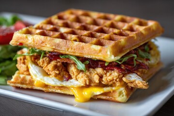 square waffle with chicken and cheddar cheese inside 