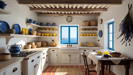 Mediterranean Kitchen Scene With Fresh Bread, Local Cheese, and Grapes