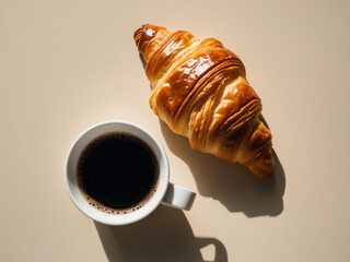 Coffee and croissant flat lay. Minimalist breakfast with a fresh pastry and a mug of black coffee on a beige background.