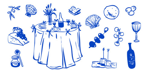 Hand drawn girlish whimsical cheese olives food wedding party collection. Romantic vector illustration menu decoration. Cafe restaurant icons doodle graphic sketch set.