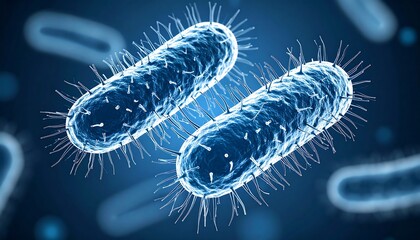 Microscopic view of two rod-shaped bacteria, detailed surface texture, against a blurry background of similar microbes