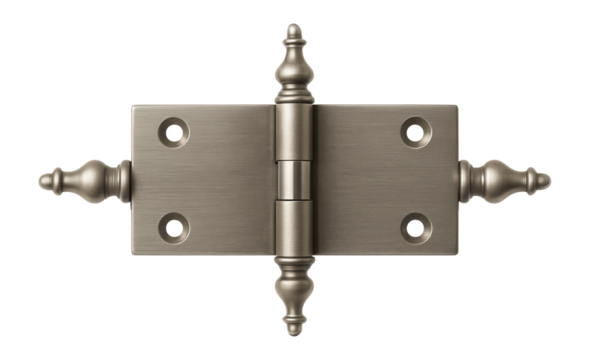 Pewter cabinet hinge with finial tips for antique-style furniture restoration.