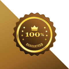 Golden 100% guarantee badge with crown isolated on white background