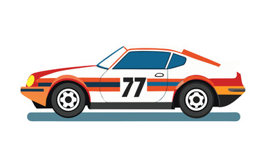 Flat vector art of 1970s vintage racing car with colorful decals, classic motorsport design, retro speed and style illustration