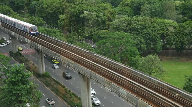 BANGKOK, THAILAND - 29 JULY, 2025: View of Bangkok bts sky train. Public Train transportation in Bangkok Thailand.