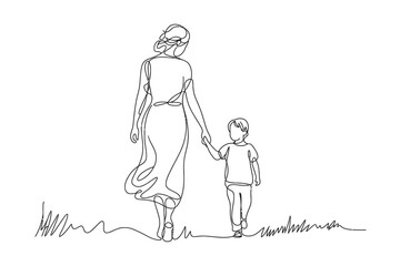 One line mother and child walking – family love vector sketch with editable stroke outline