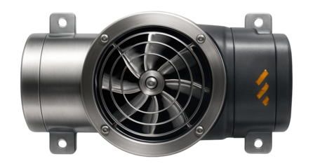 Compact multistage fan with a metal casing, designed for industrial ventilation systems.