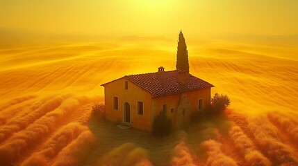 Obraz premium A small, yellow house sits atop a golden field, bathed in the warm light of sunrise.